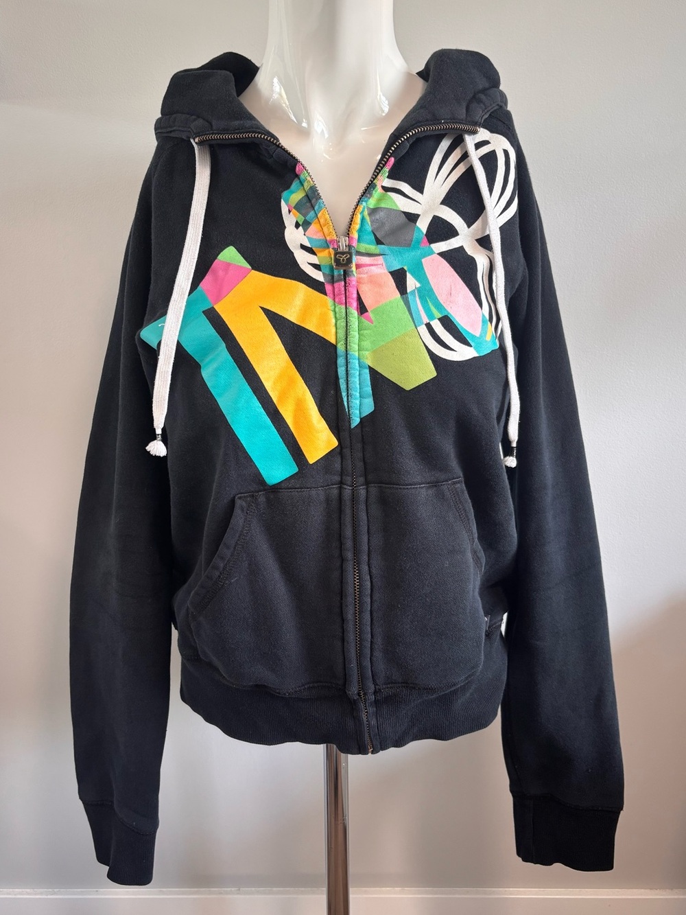 Early 2000’s TNA Black Zip Hoodie with Multicolor Geometric Print